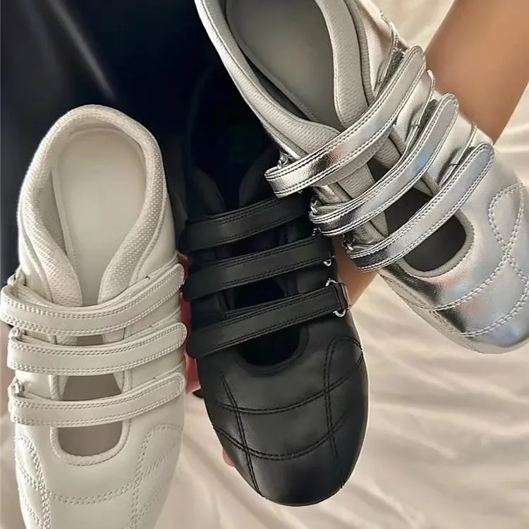 Vintage-Style German Sneakers for Women, Velcro Ballet Flats, Round-Toe Casual Athletic White Sneakers, Women's Flats