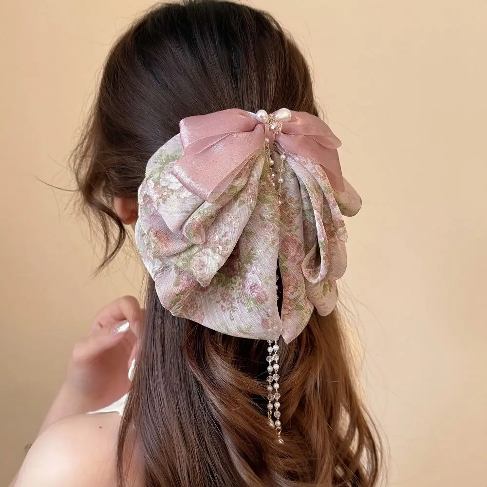 Grab Clip Bow Ribbon Hair Claw Polka Dot Butterfly Chiffon Bowknot Hair Clip Headwear Ponytail Clip Flower Hairpin Girls