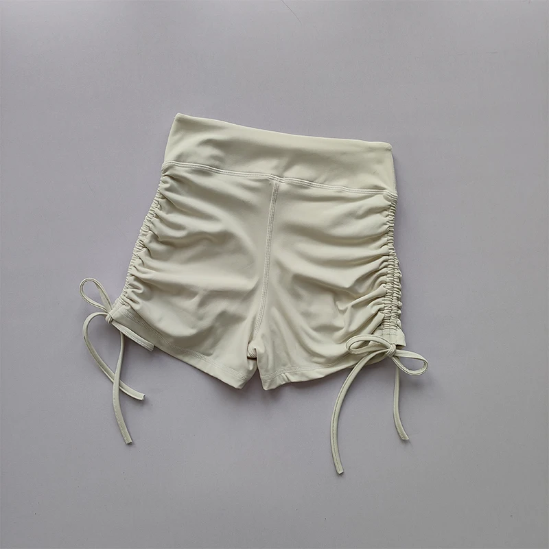 Hochgeschnittene Sexy Fitness-Shorts mit Kordelzug Schnelltrocknende Dreiteilige Laufhose für Damen Pfirsichfarbene Sport-Hotpants – Detail 4