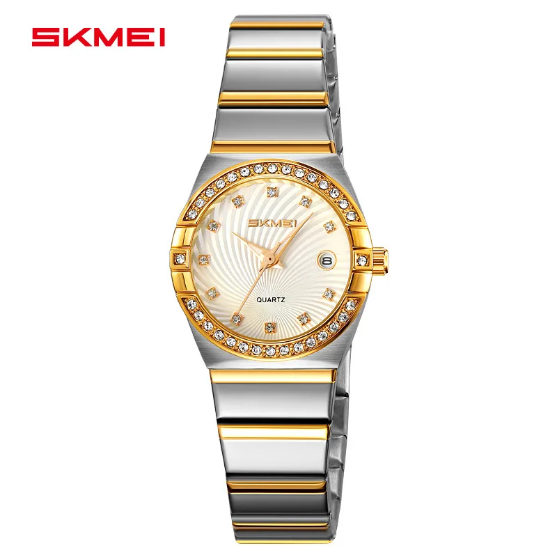 ساعة SkmeiFashion الكلاسيكية النسائية كوارتز بسيطة مرصعة بالألماس للنساء من الفولاذ المقاوم للصدأ مع ساعة يد بتقويم