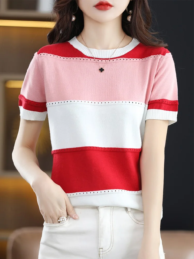 TuangBiang 2023 Eyelet Biue Pink Striped Cotton Knitting T-Shirts Hollow Out Women Short Sleeve Pullovers Elastic Patchwork Tops