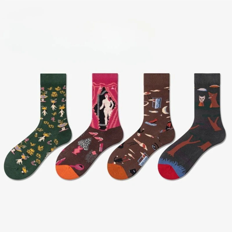 1/4 Pairs Spring Oil Painting Trend Fashion Niche Original Men's Mid Tube Socks Personality Street High Rise Long Tube Socks Men