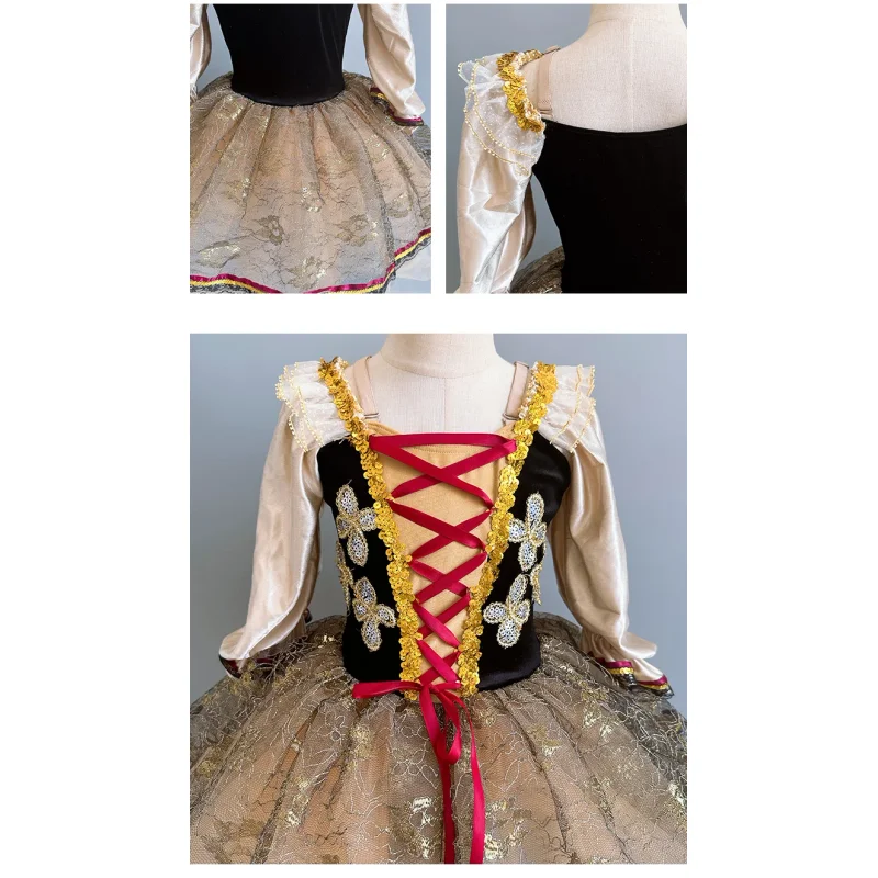 Ragazze Nero Professionale Paillettes Pizzo Lungo Tutu di balletto Gonna Tulle Abito da ballo Bambini Romantico Vestito da balletto Abiti da ballo