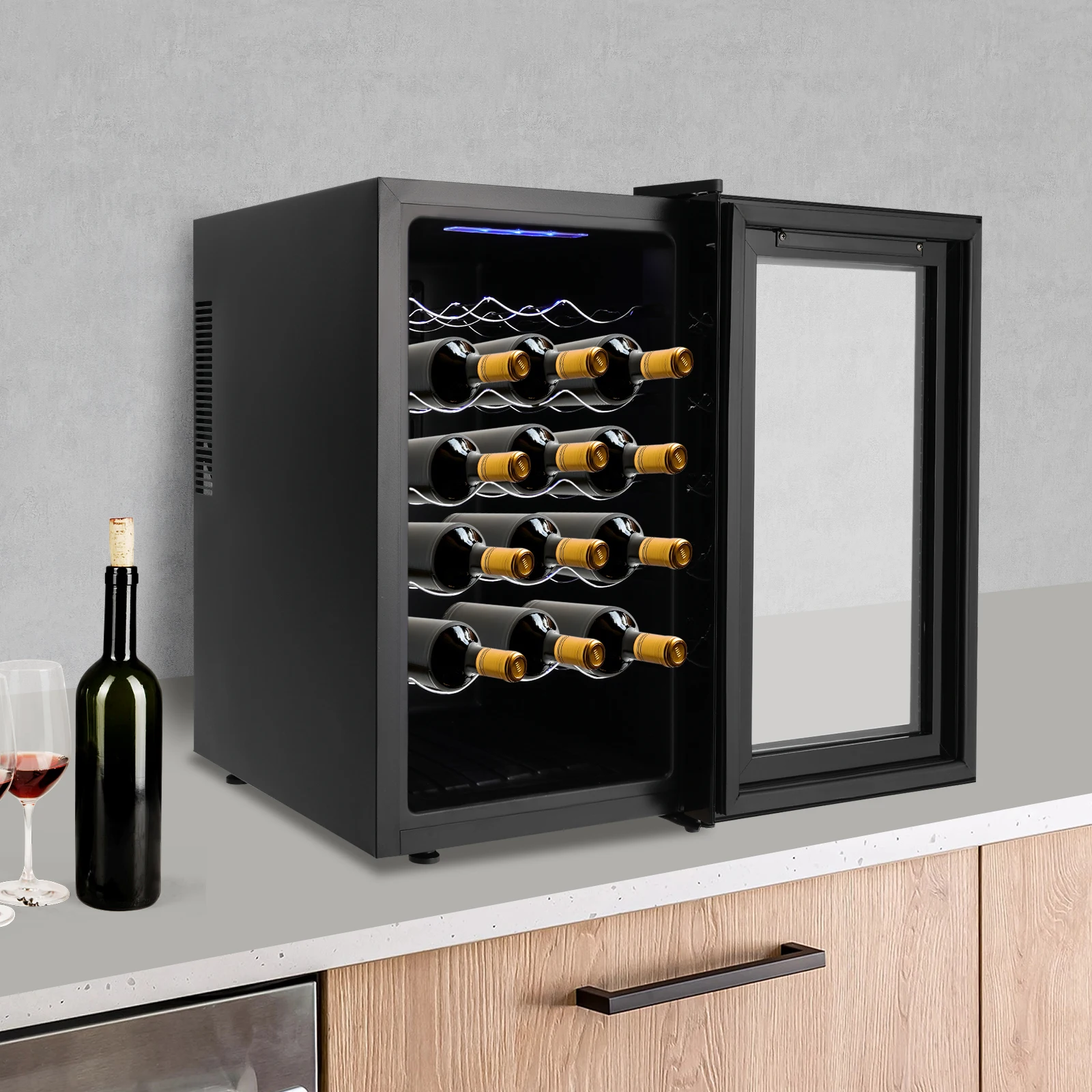 Bymaocar Refrigerador de Vino 18 Botellas Gabinete de Vino Tinto electrónico Tienda Vino Tinto Champán Negro 46 L 220v-240v 55w