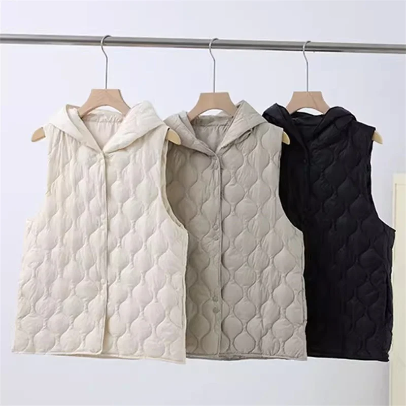 Autumn Winter Women Warm Hooded Down Waistcoat Jacket Ultra Light White Duck Down Vest Coat Lady Sleeveless Short Tank Parkas