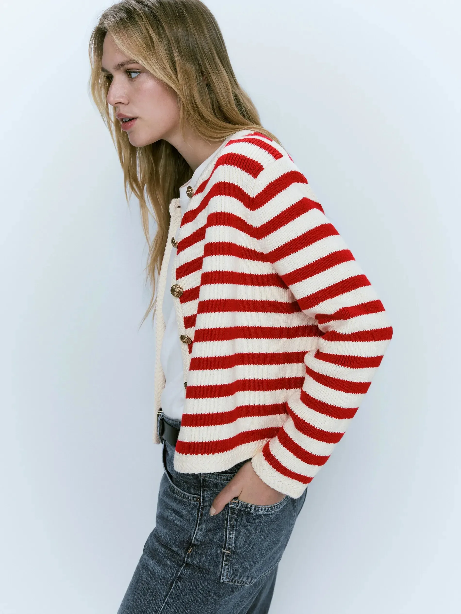 

Ethereal MD 2026 YAZHIMEI spring new style of women's Slim-fit commuter buckle red classic striped cardigan