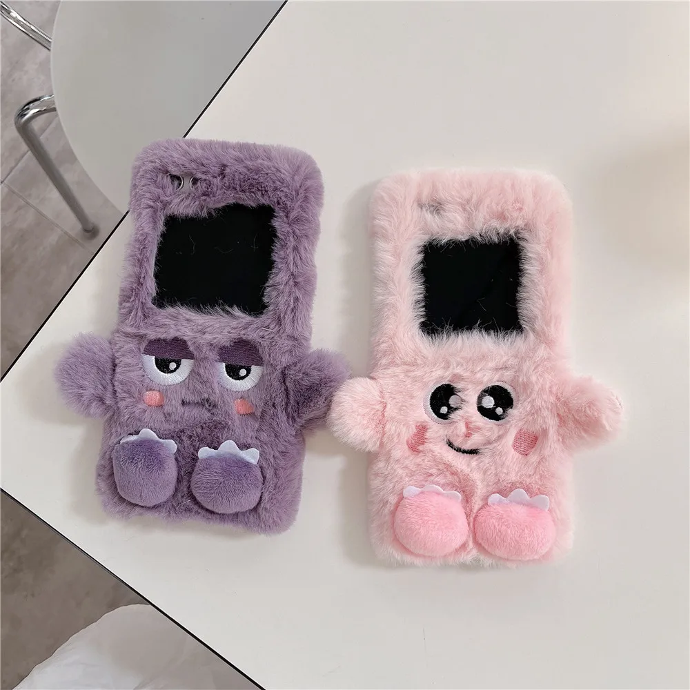 Funda de teléfono de felpa esponjosa para Samsung Galaxy Z Flip 5, funda para Galaxy Z Flip4, funda para Z Flip3, dibujos animados, perro, lindo, coreano, bricolaje