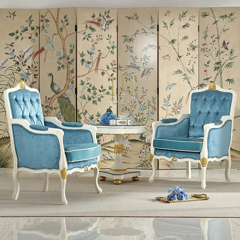 

!@Luxury Classic Style Living Room Furniture Vintage Fancy Design Blue Velvet Fabric Armchair Italy Vintage Wood Chair
