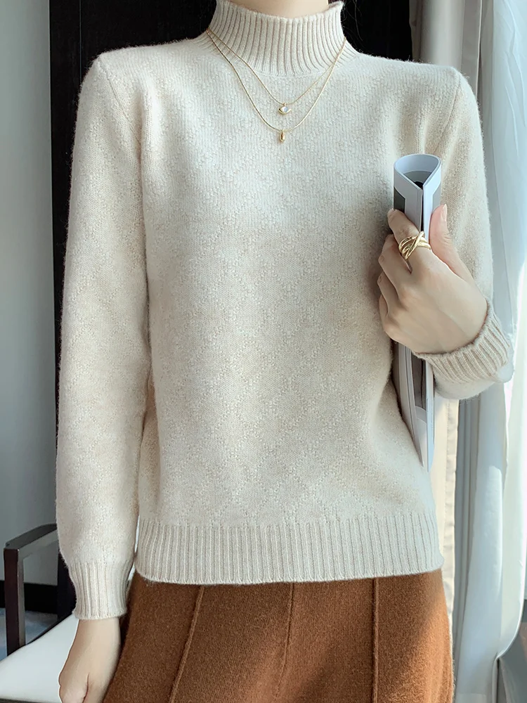 High-end Women 100% Merino Wool Sweater Autumn Winter Thick Mock-neck lozenge Knitwear Long Sleeve Pullover Women Clothing