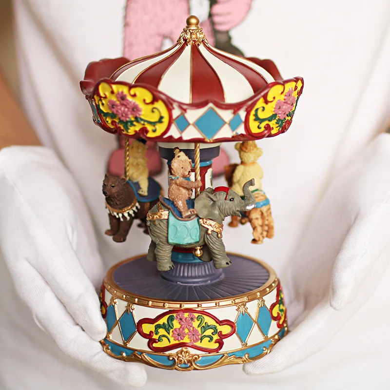Vintage India Dubai Carousel Music Box Elephant Leopard Bear Animal 8 Tune Gift