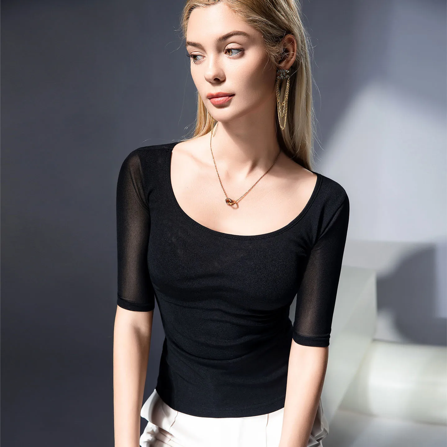 

New 2025 Women's Temperament Mesh Mid-Sleeve Women's Spring and Summer New Stretch Plus Size Sexy Half Sleeve Top T-Shirt