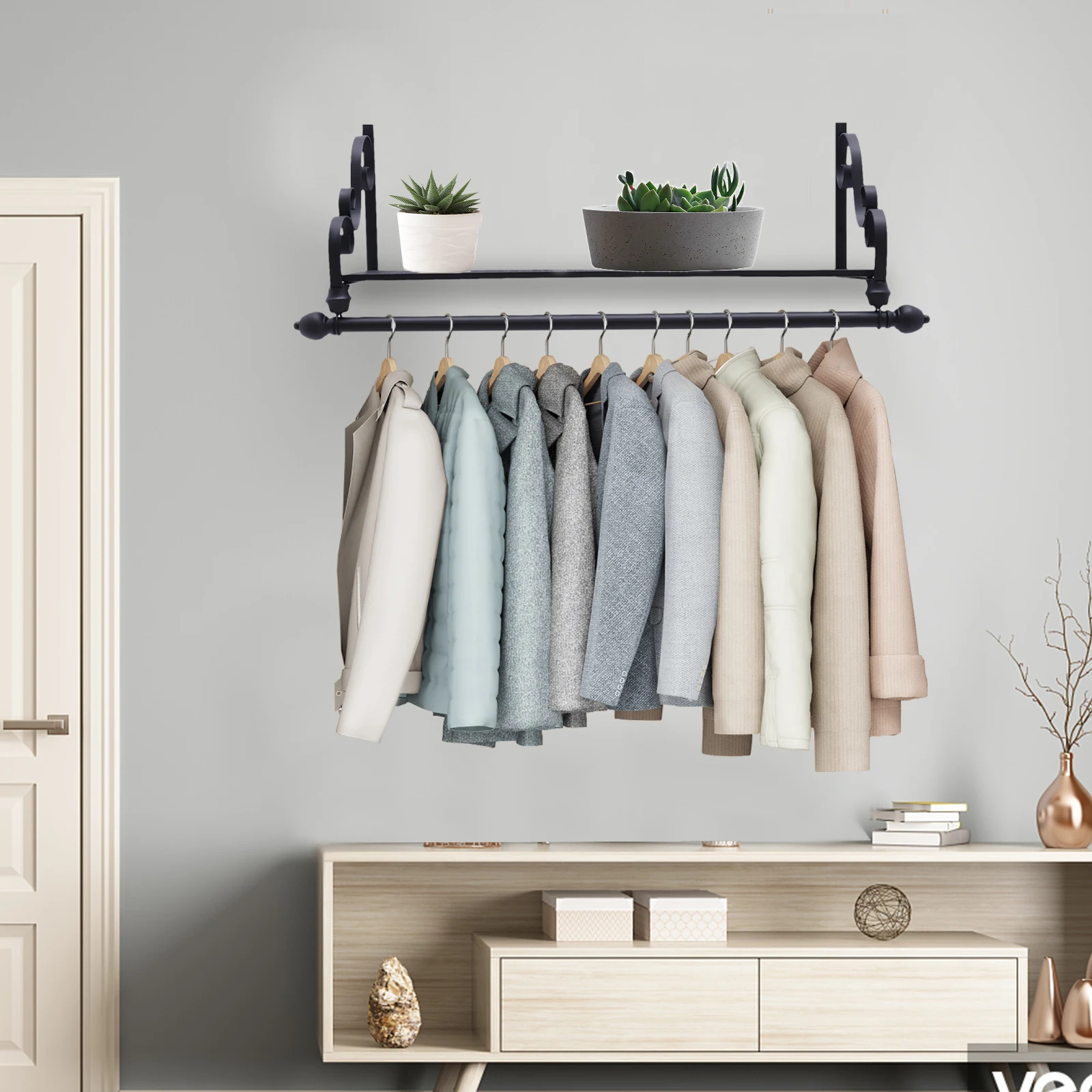 Space-Saving Wall-Mounted Closet Organizer Shelf Rack - Bedroom Coat Hanging Storage Solution - Retail Shelving & Wall Displays