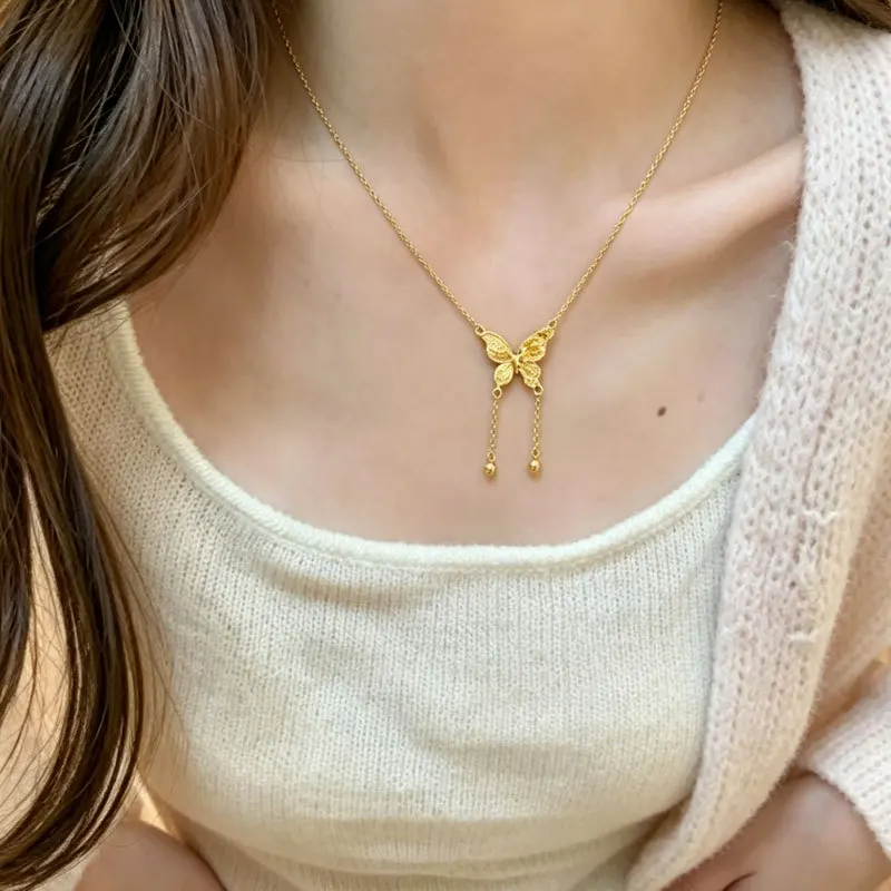 Gold floret butterfly fringe necklace light luxury small fashion design sense senior temperament all build collarbone chain