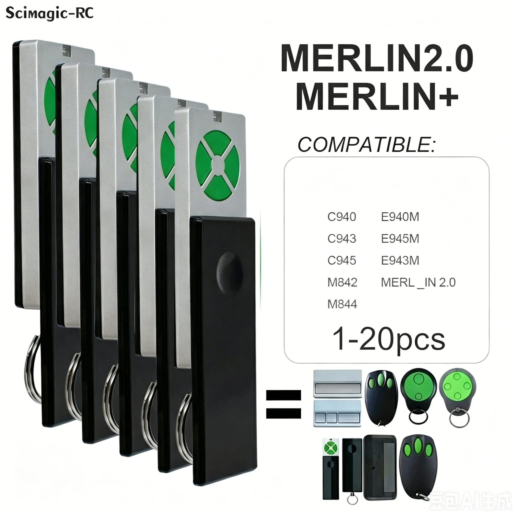 

1-20pcs For Merlin E950M E960M C945 C943 C940 CM128 CM842 CM844 Garage Door Remote Control Gate Opener 433.30 434.54 433.92MHz