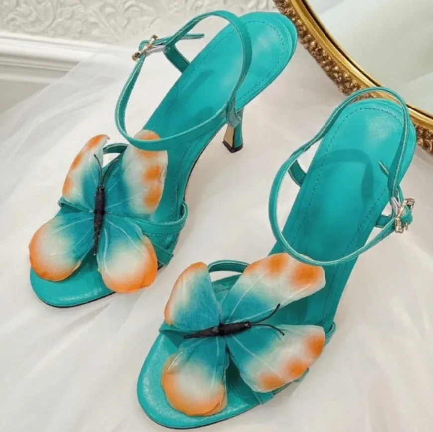 

Green Flower Decor Buckle Strap Thin Heels Women Open Toe Ankle Strap Slingback Sandals Lady Summer Fashion Beach Party Shoes
