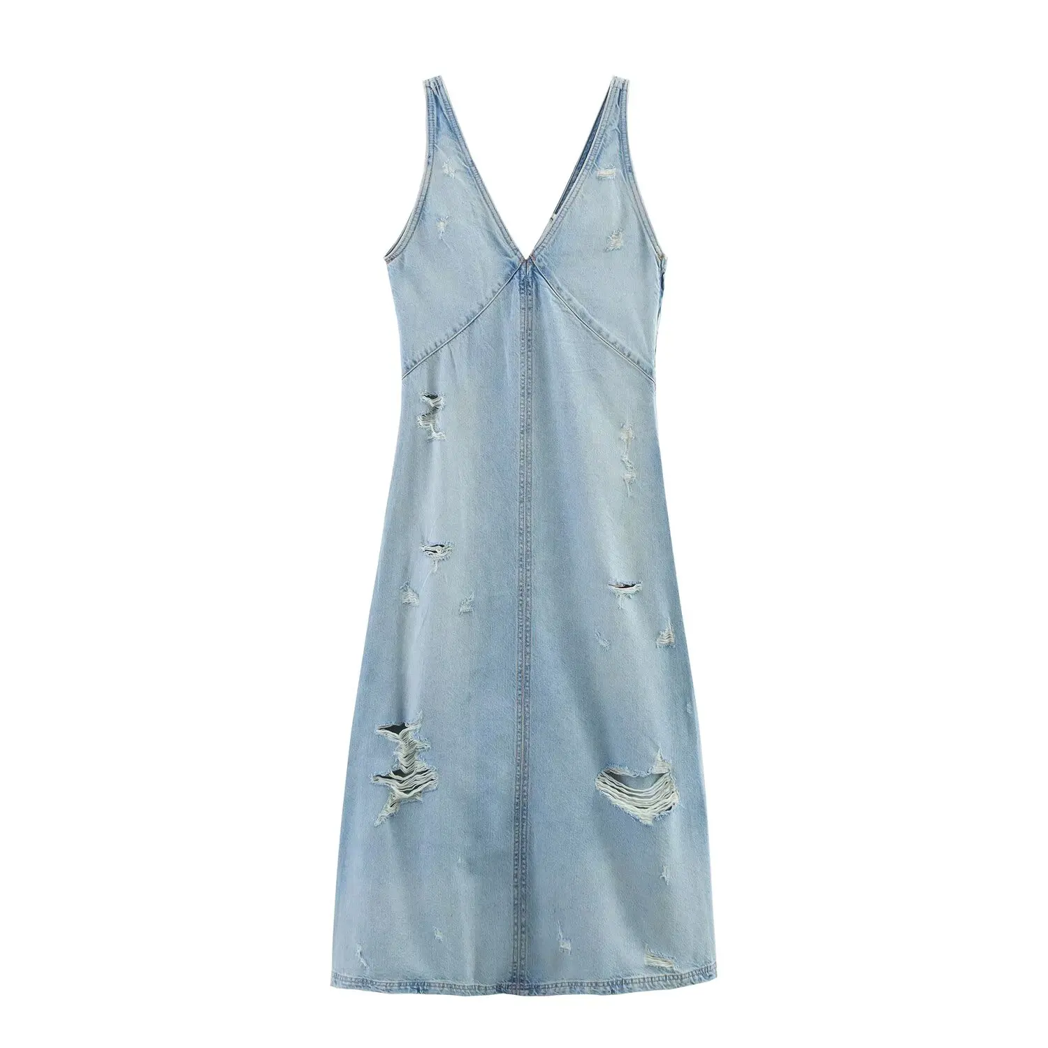 

Women's 2025 new Fashion Broken hole decoration casual V-neck denim Midi dress retro sleeveless backless women's dress