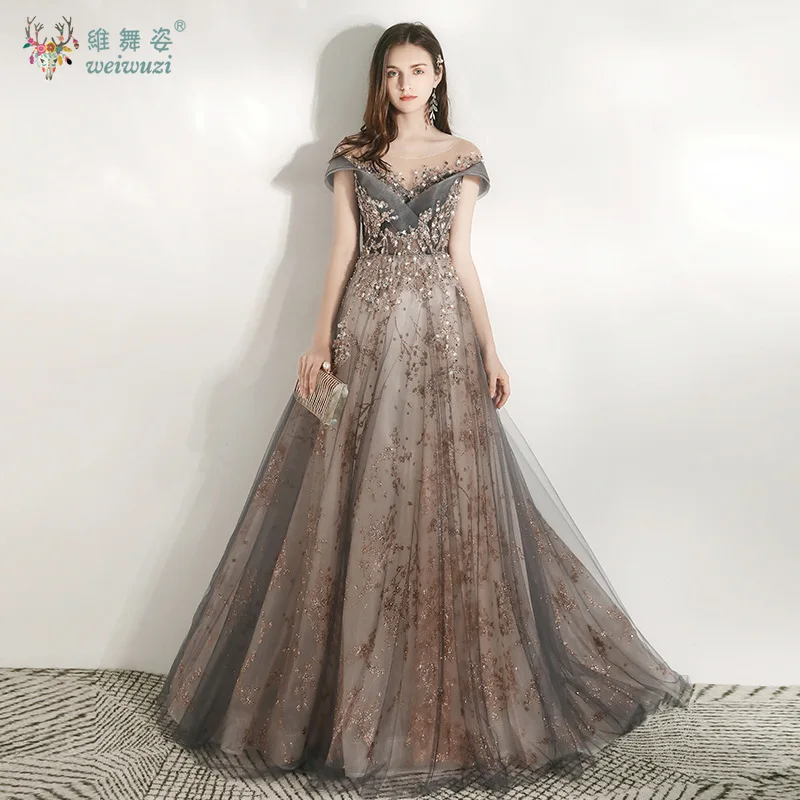 

Luxury Sequin Tulle Off The Shoulder Long Prom Gown Exquisite Appliques Crystal Beading A-line V-Neck Floor-Length Evening Dress
