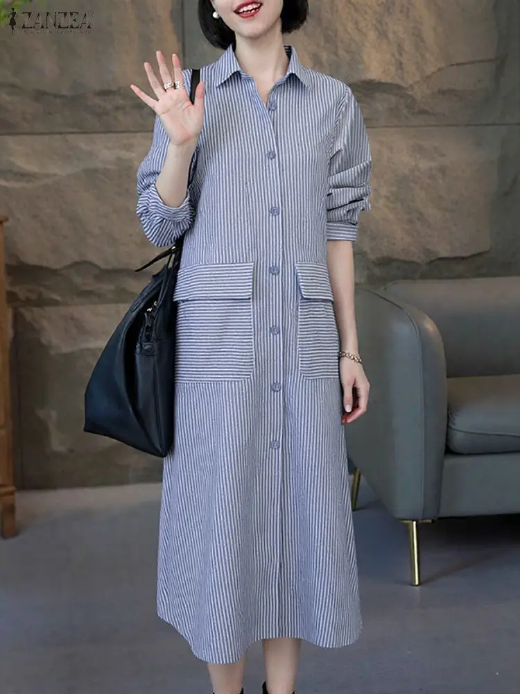 

Плюс размер 5XL ZANZEA, женские полосатые длинные платья-рубашки, повседневные платья с длинными рукавами и карманами с принтом, вечерние платья, осенний модный халат с лацканами