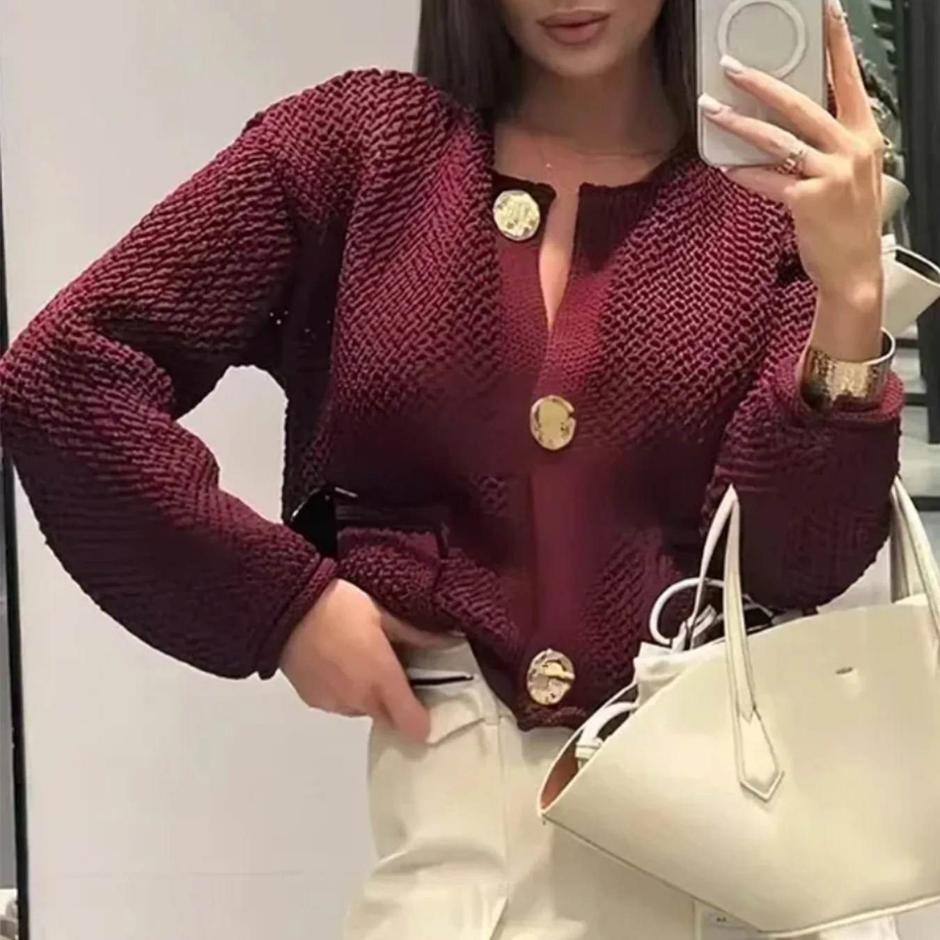 

Fashionable Casual Knitted Sweater Coat Women's New Arrival Pure Color Autumn Season Button Detail Midweight Knitwear