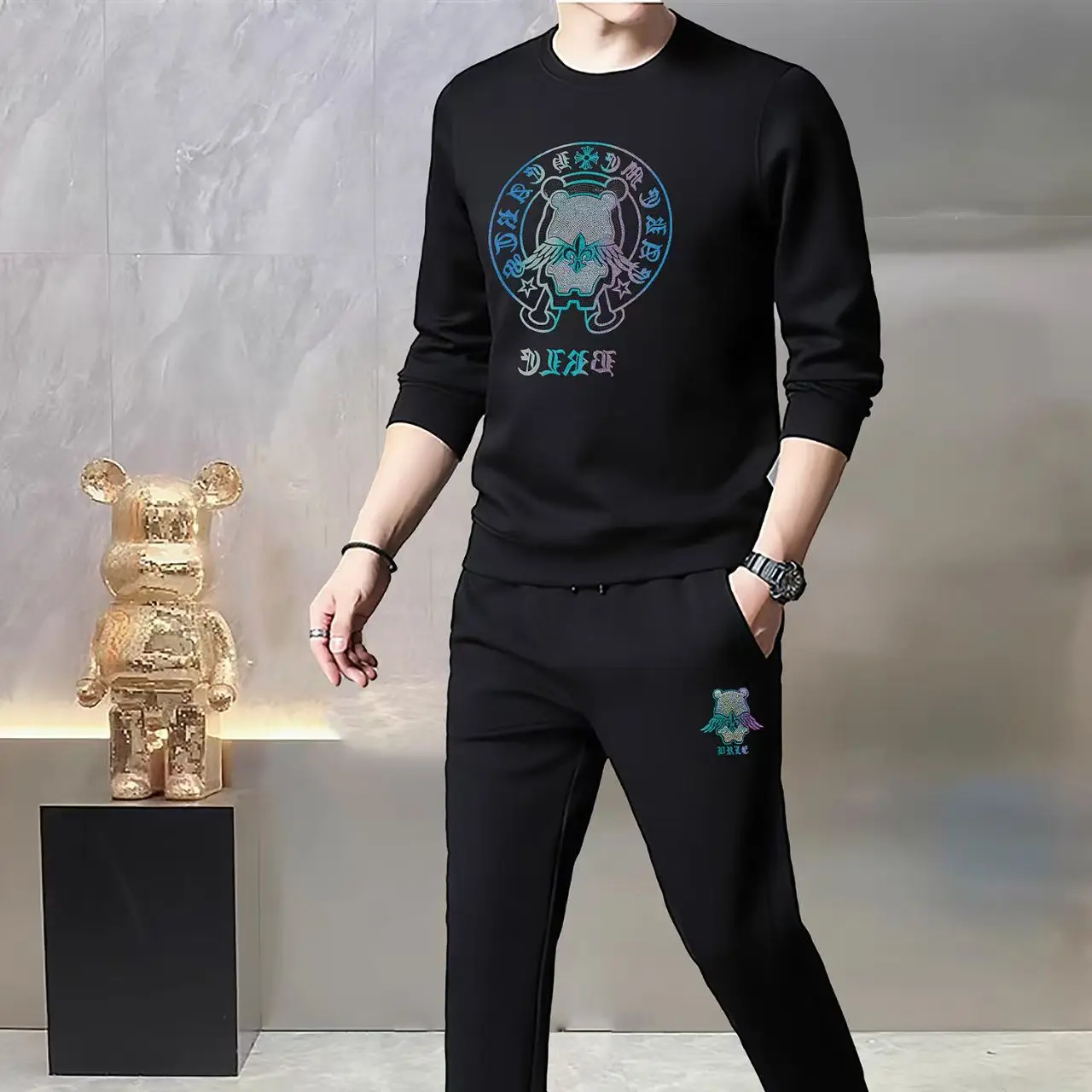 

Fashion Men's Autumn Winter round-neck sweatshirt Light luxury brand 3D Print Sleeve Oversized Pants Hoodies Pants two-piece set