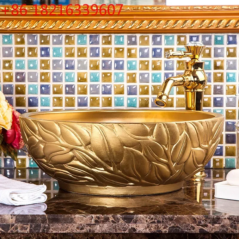YAO Jingdezhen Ceramic Countertop Basin Luxury Art Washbasin with Carved Golden Pattern for Hotel Bathroom Sink