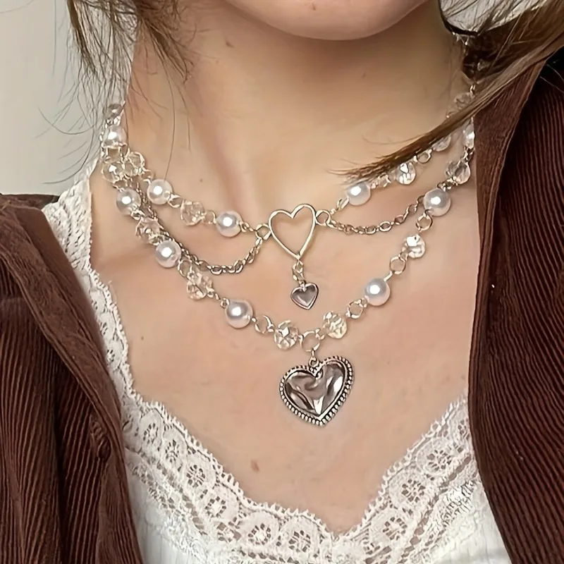 Y2K Multi-layer Artificial Pearl Bead Heart-shaped Decoration Pendant Necklace for Women's Daily Wear Jewelry Accessories Gifts