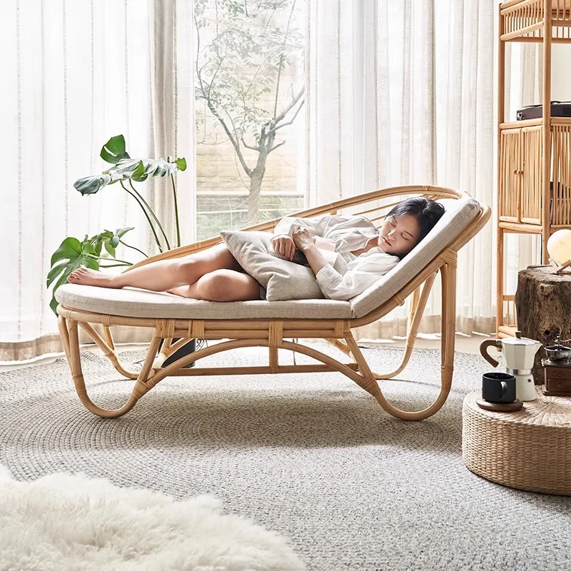 Nordic retro chaise longue home balcony casual nap chair natural rattan chair simple rattan sofa