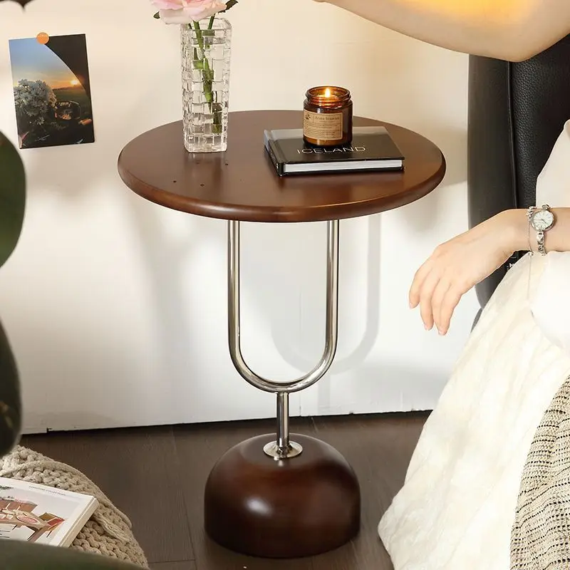 Vintage Wooden Coffee Table Stainless Steel Sofa Side Table Bedside Table Living Room Movable Stand