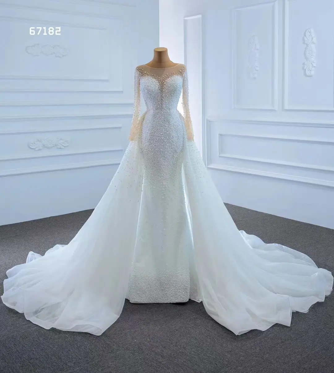 Illusion Langarm Kristall Meerjungfrau Hochzeit Kleid mit entfernen zug robe de mariage Perlen Lace-up Korsett Zurück Braut kleider