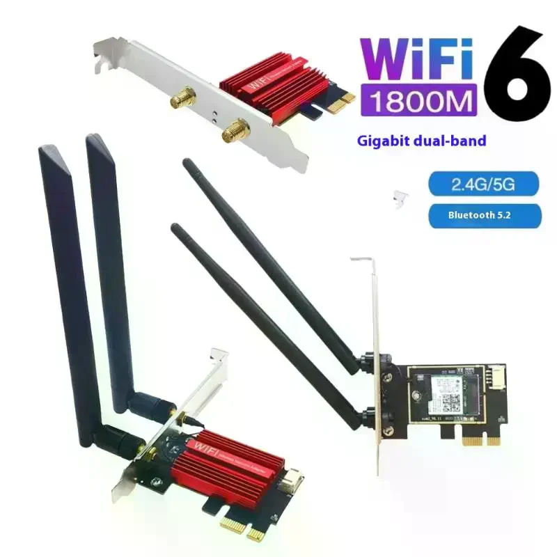 

Один комплект двухдиапазонной сетевой карты 1800 Мбит/с, Bluetooth 5.2, беспроводной адаптер PCIE Wi-Fi6 AX1800 для Win 10/11