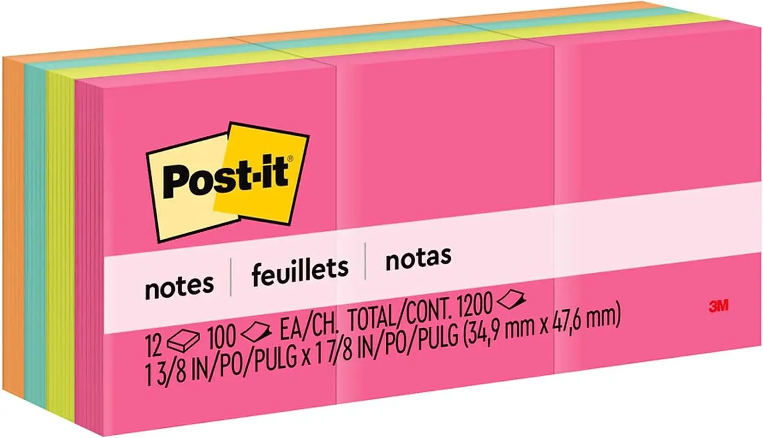 

Mini Sticky Notes, 1 3/8 x 1 7/8 Inches, 12 Pads with 100 Sheets Each, Colorful Collection for School and Office