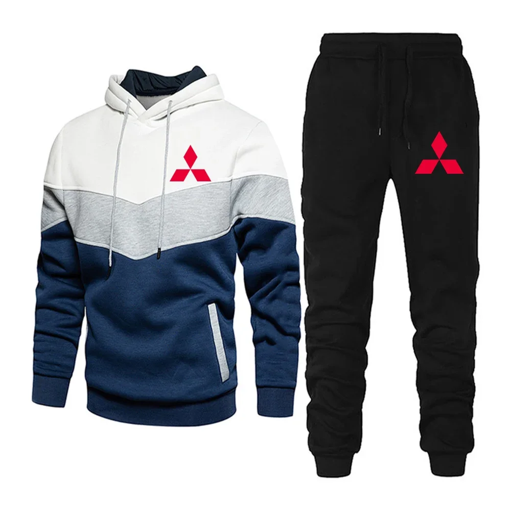 

2024 Spring Autumn Motorcycle For Mitsubishi Logo Printed Tricolor Splicing Pullover Hoodies+Jogging Casual Sports Trousers Sets