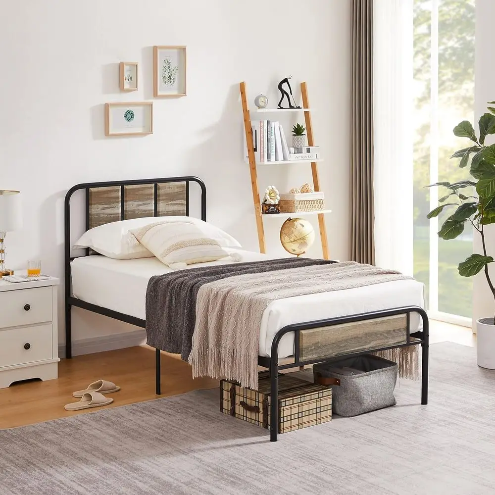 إطار سرير معدني مزدوج مع لوح رأسي خشبي للأطفال - منصة قوية، لا حاجة إلى صندوق زنبركي (أردواز رمادي) #4