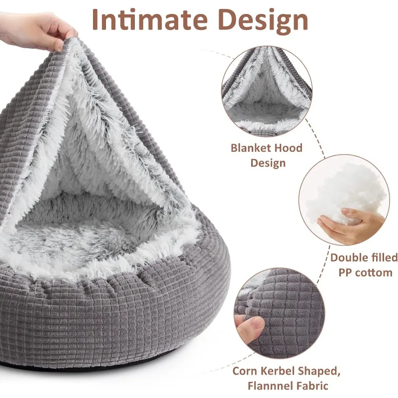 Cama para perros pequeños con manta adjunta, camas redondas calmantes con capucha acogedoras para perros pequeños, cama para cachorros de peluche suave