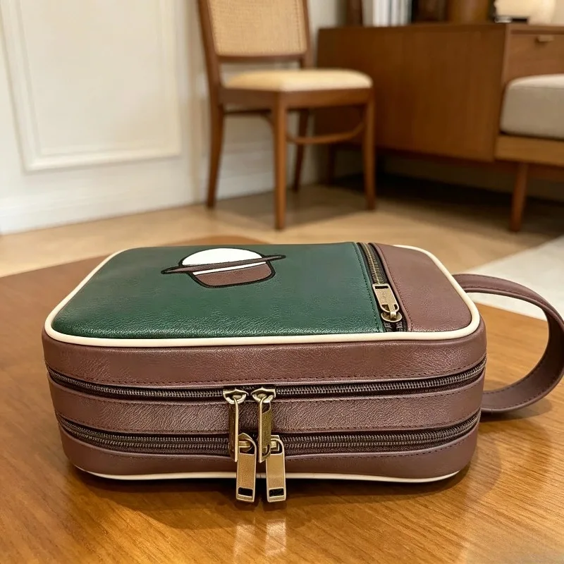 Vintage Color Block Golf Storage Pouch, Double Layer Divided Handheld Wash Bag, Portable Cosmetic Hand Bag for Golf Accessories