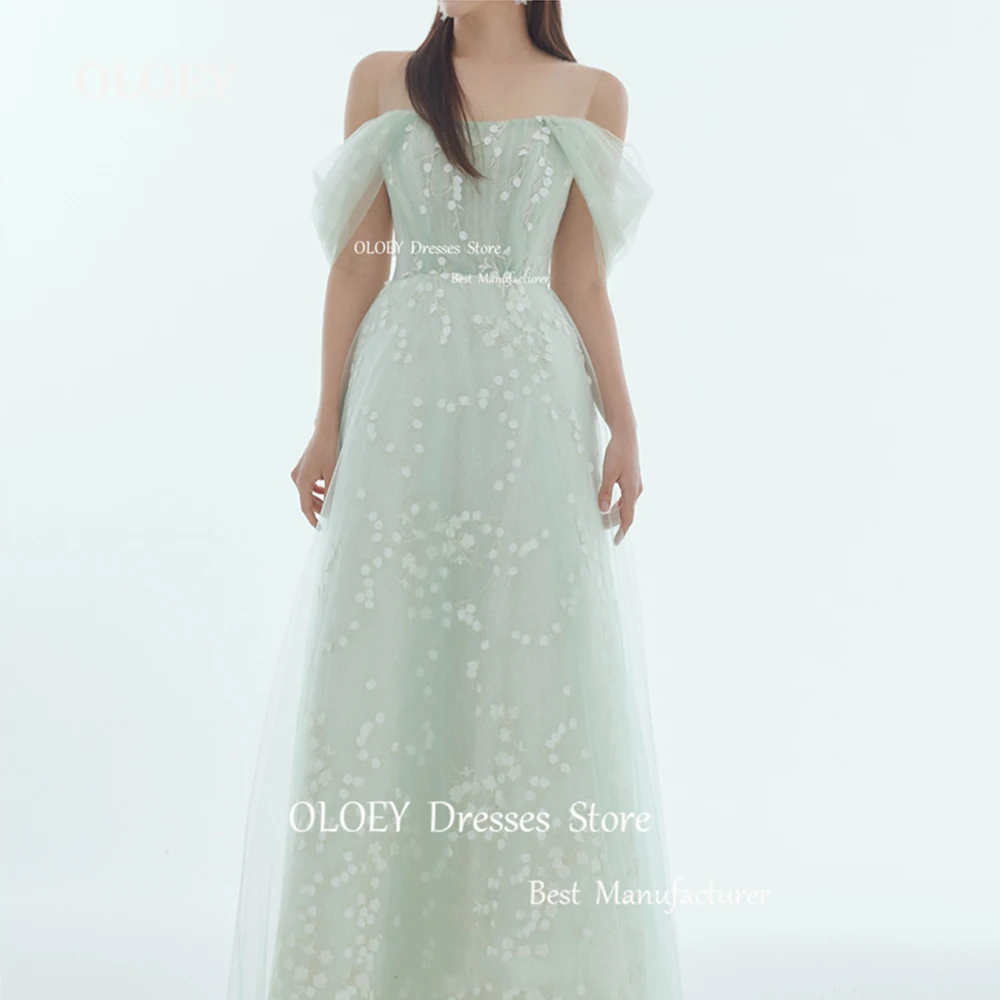 OLOEY Elegant Light Green Lace Prom Dress Korea Wedding Photoshoot Cap Sleeves Corset Back Floor Length Performance Gown Custom