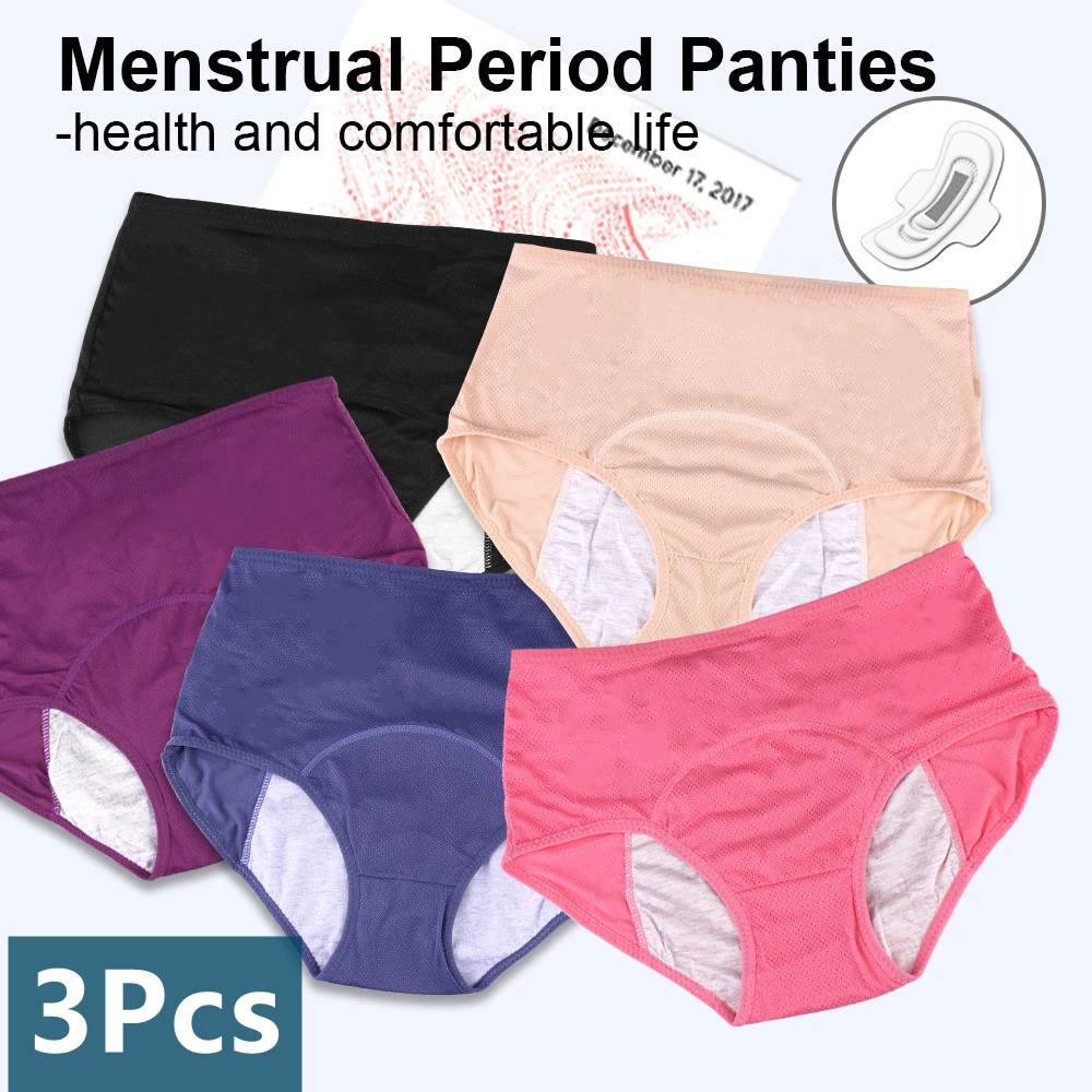 3 Pcs/Pack Women Menstrual Panties Plus Size Leak-Proof Period Underpants Breathable Mesh Female Wterproof Menstruation Briefs