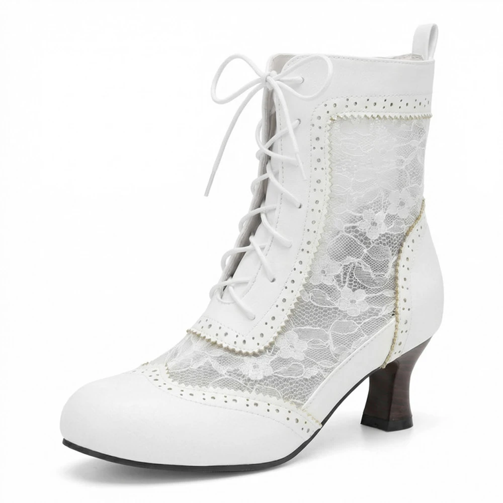 2026 New Spring Summer Boots Women Fashion Lace Breathable Patchwork with Lace Up Retro Pointed Kitten Heel Big Size 49 50 38-15