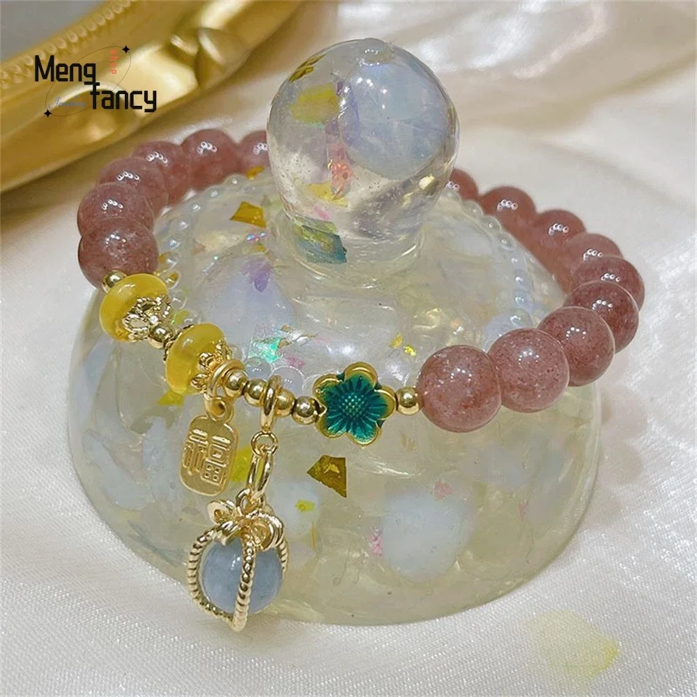 

Natural Strawberry Crystal Bracelet Female Retro Chinese Wind Fu Poker String Wang Peach Blossom Crystal String Fashion Jewelry