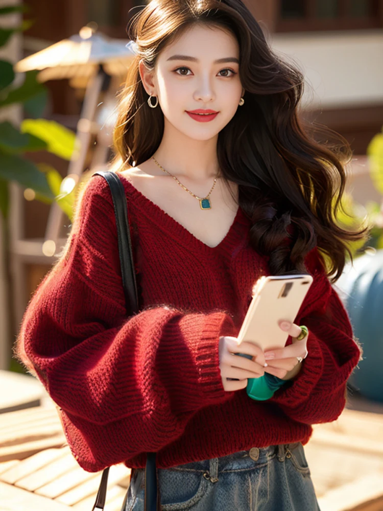 Damski sweter z bufiastymi rękawami, wzór wiśniowy, ciemnoczerwony top, inspirowany jesienią, nowość