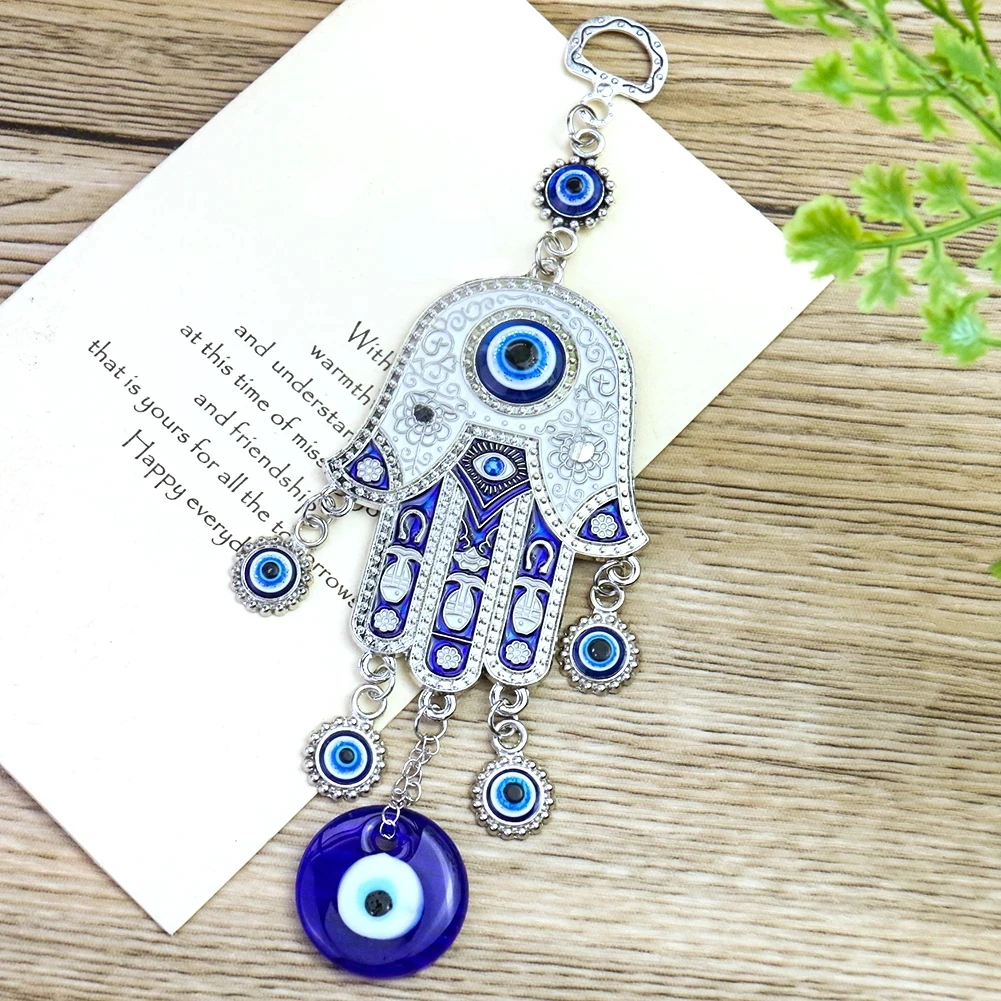 Lucky Fatima Hand Wall Hanging Decor Amulet Protection Turkish Blue Eye Nazar Boncuk Protection Wind Chimes Car Pendant Keychain