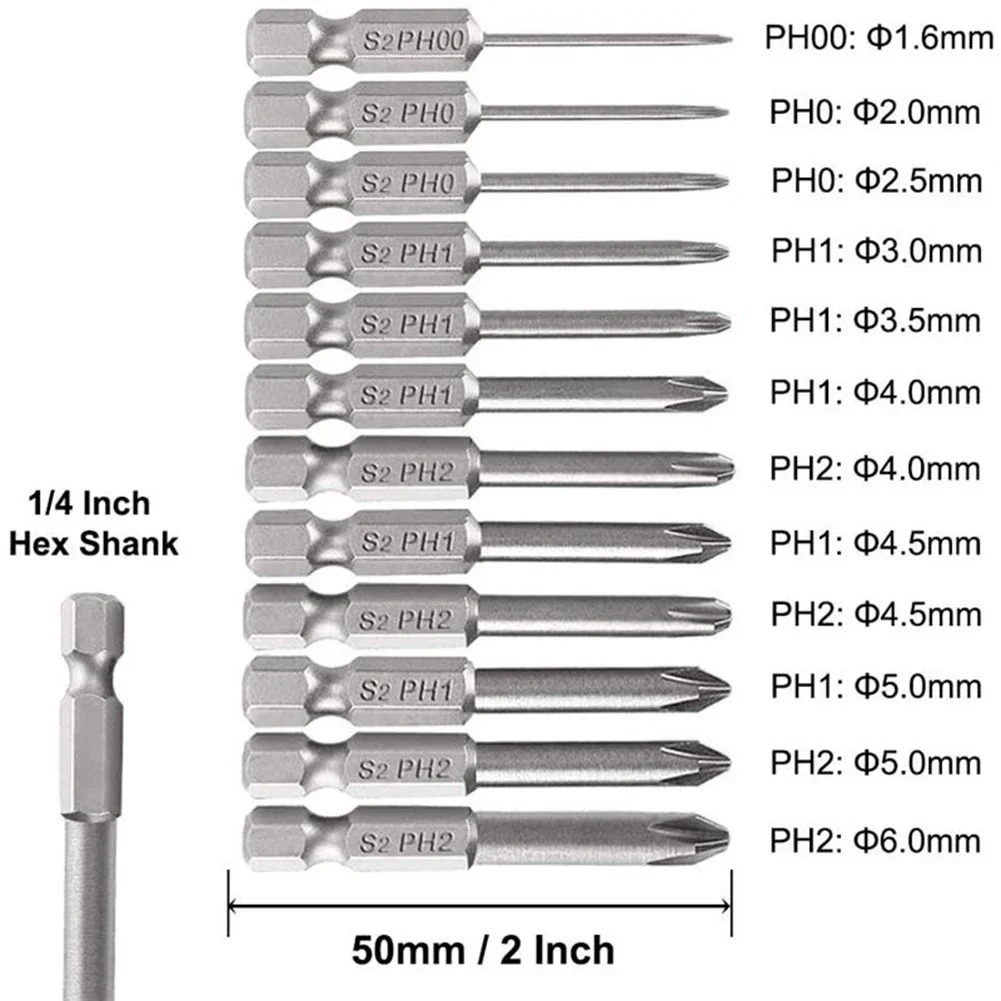 Long Lasting 12pcs Set Of Magnetic PH Cross Screwdriver Bits 1/4 Inch Hex Shank 50mm Length Made Of Alloy Steel