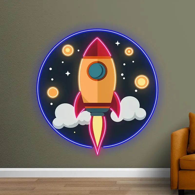 Cartoon Space Rocket Custom LED Neon Sign, Illuminated Light Signage, LED Neon Acrylic Signs Decoration for Child Room