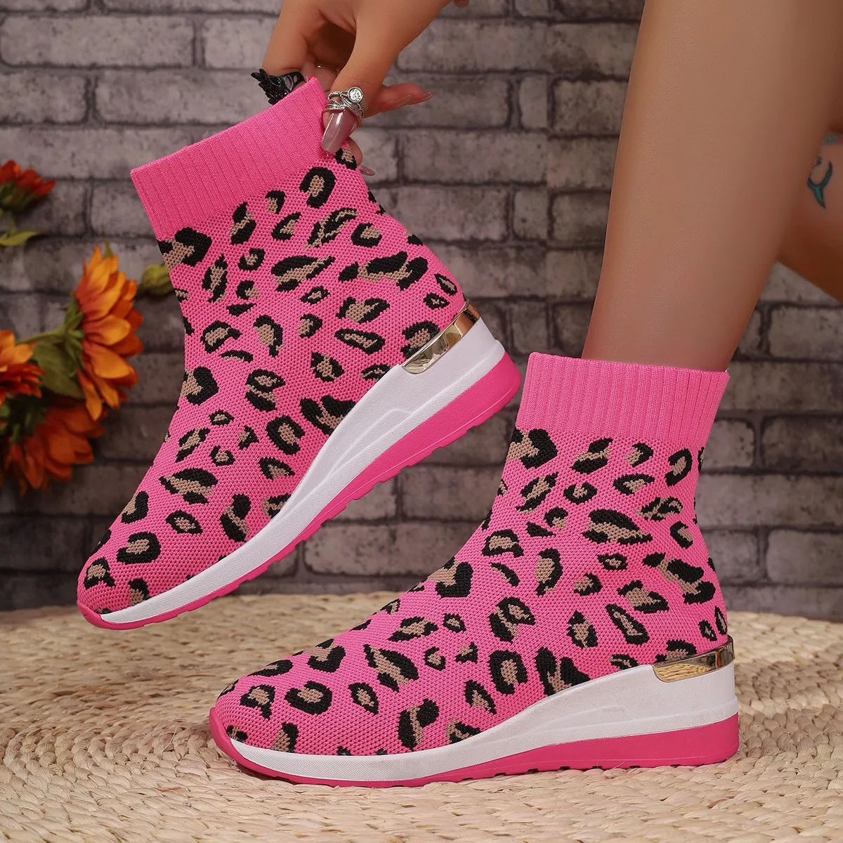 Print Random Women Shoes Ankle Sock Boots 2024 New Winter Women Chelsea Boots Wedges Shoes Casual Fashion Sexy Chaussures Femme