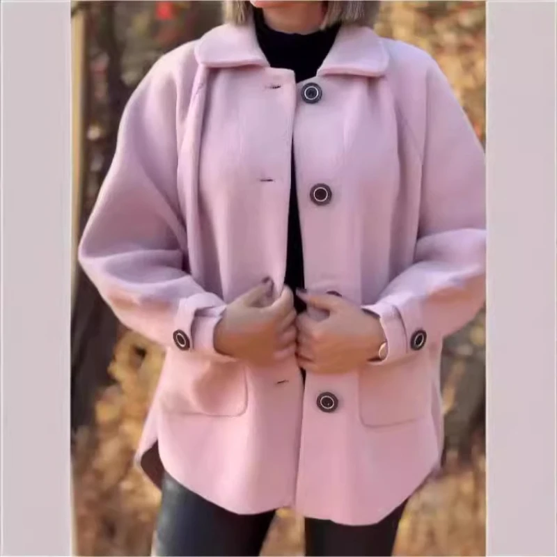 

Europe and America Autumn and Winter Wool Wool Coat Women Woolen Fabric Leisure Loose Lapel Pocket Keep Warm Comfortable