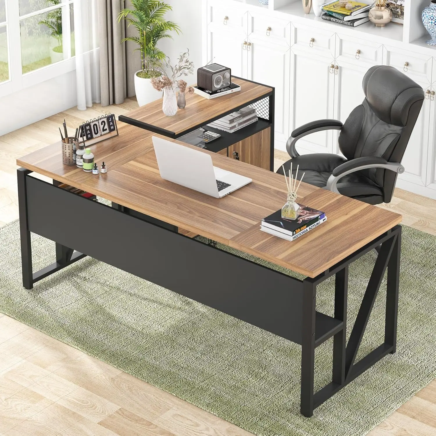 

63in L-Shaped Executive Desk with Drawer Cabinet & Locking File Storage, 2-Piece Home Office Set for Hanging Files, Customized