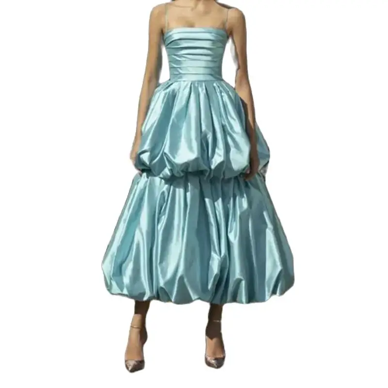 KSDN Blue Evening Dress Tiered Strapless Ankle-Length Pleat A-Line Elegant Women Formal Occasion Prom Dresses Special Prom Gown