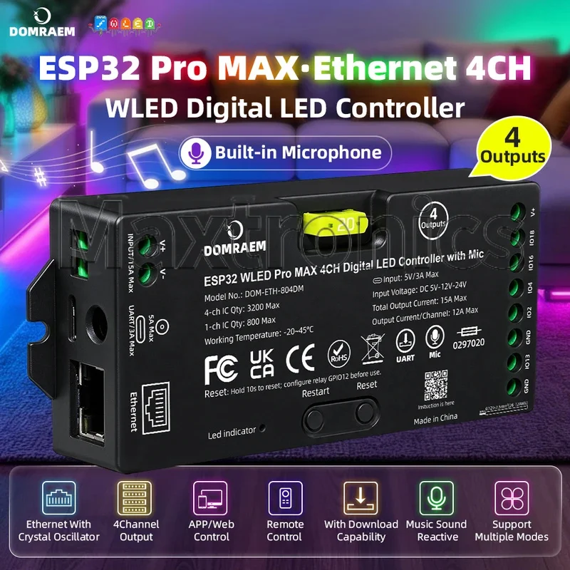 NEW ESP32 WLED Pro MAX 4CH Digital LED Controller with Mic UART External 20A Fuse for WS2811 WS2812 SK6812RGBIC LED Strip Light