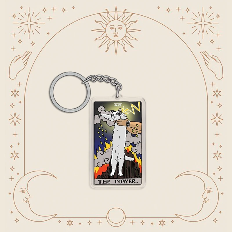 Hot Creative Tarot Cat Meme Keychain Sad Cat Meme Cartoon Acrylic Pendant Car Key Chain Bag Charm Funny Jewelry Gift for Friends