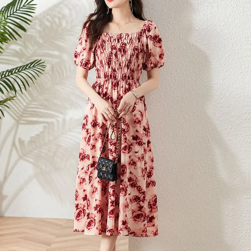 Simplicity Office Lady A-line Skirt Summer New Elegant One Word Collar Rose Pattern Printing Short Sleeve Pleated Midi Dresses